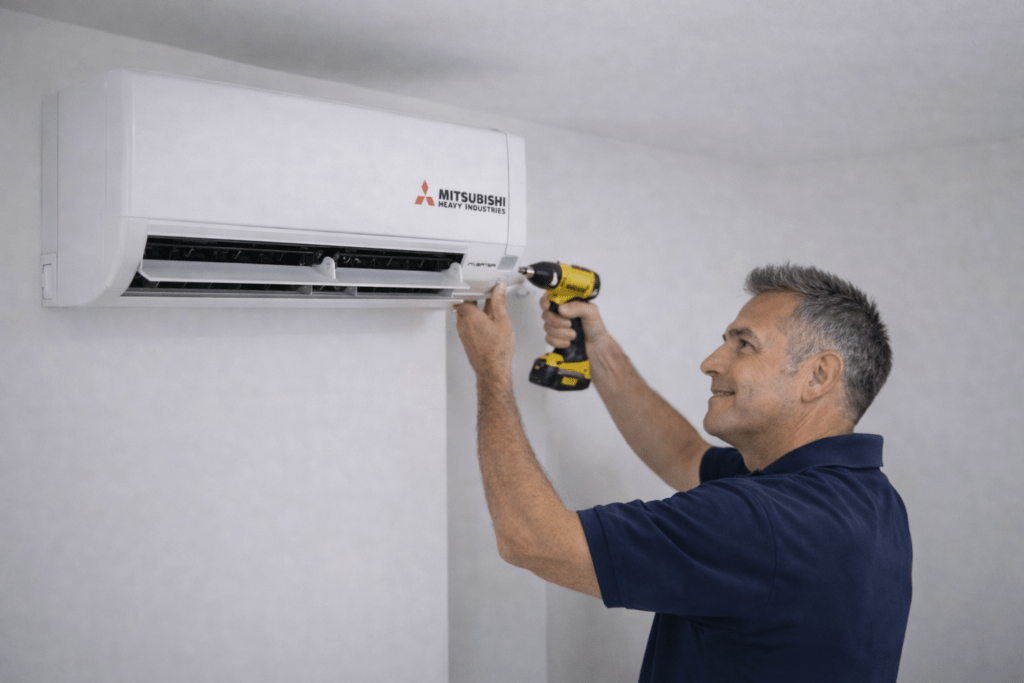 Installateur monteerd een Mitsubishi Heavy airco in woonkamer
