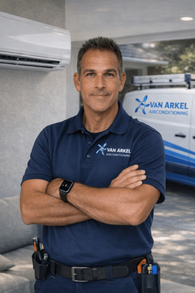 van arkel installateur staat voor een binnen deel en zijn bus met armen over elkaar