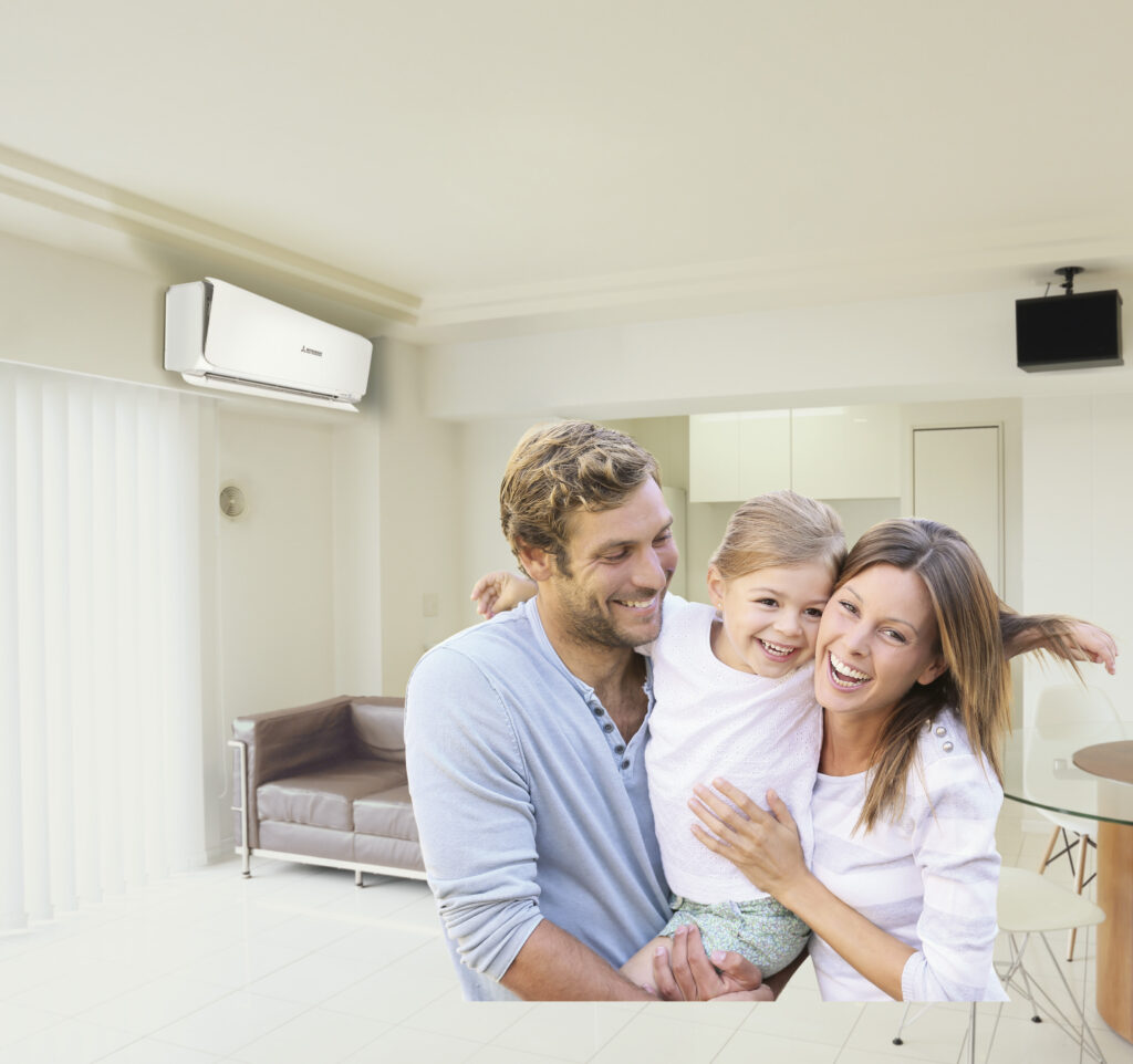 Gezin in woonkamer onder het genot van een airconditioning